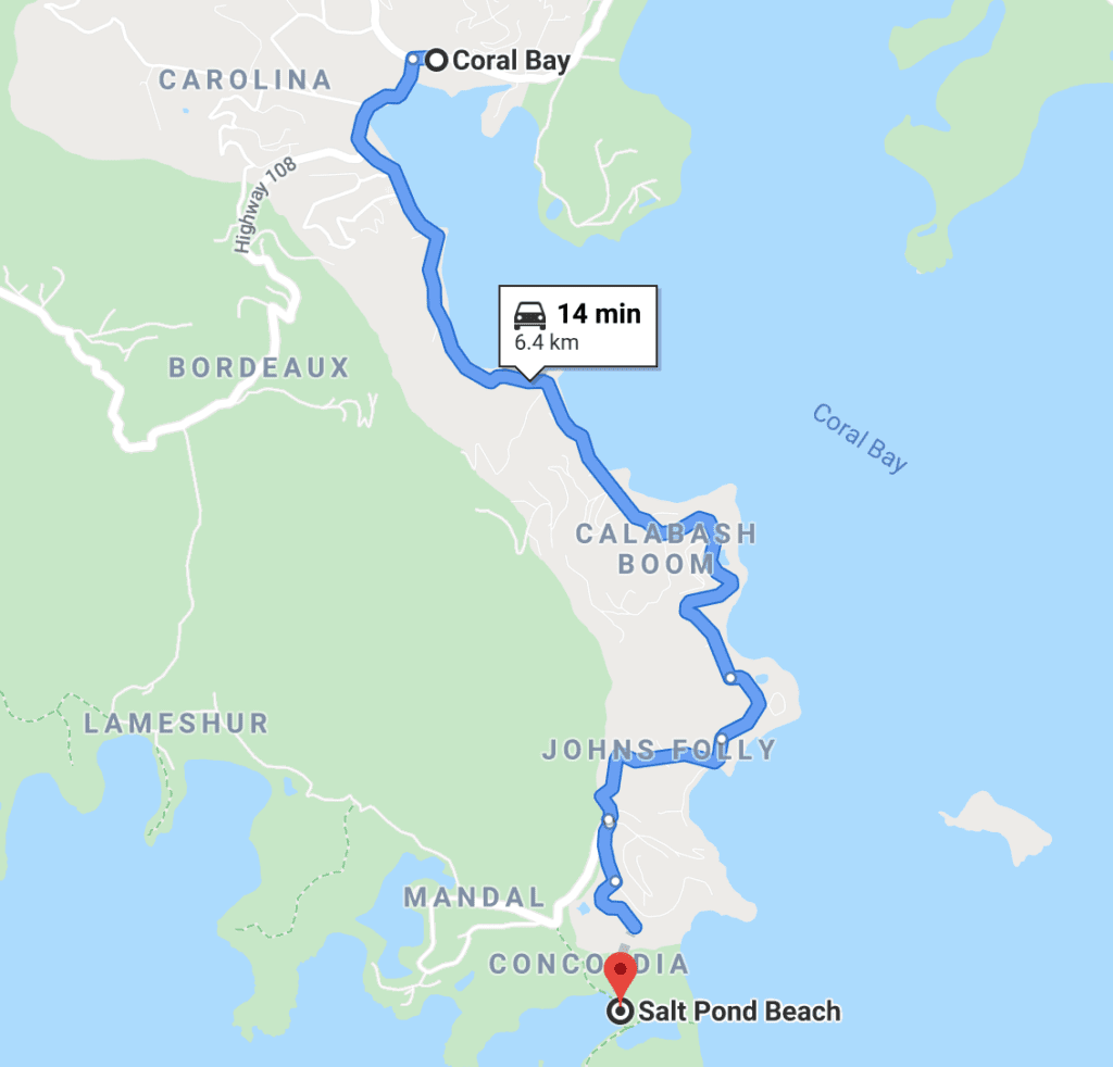 map from Coral Bay to Salt Pond Beach